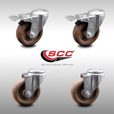 Service Caster 4 Inch SS High Temp Glass Filled Nylon Bolt Hole Caster Set with 2 Lock Brakes SCC-SSBHTTL20S414-GFNSHT-2-S-2